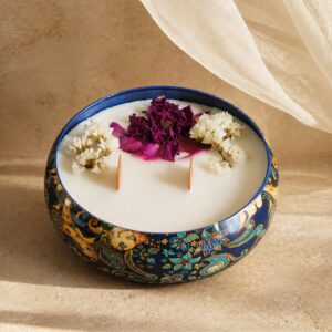 Luxury meenakari scented urli candle with soy wax, dried flowers and double wooden wick by Jagmugg