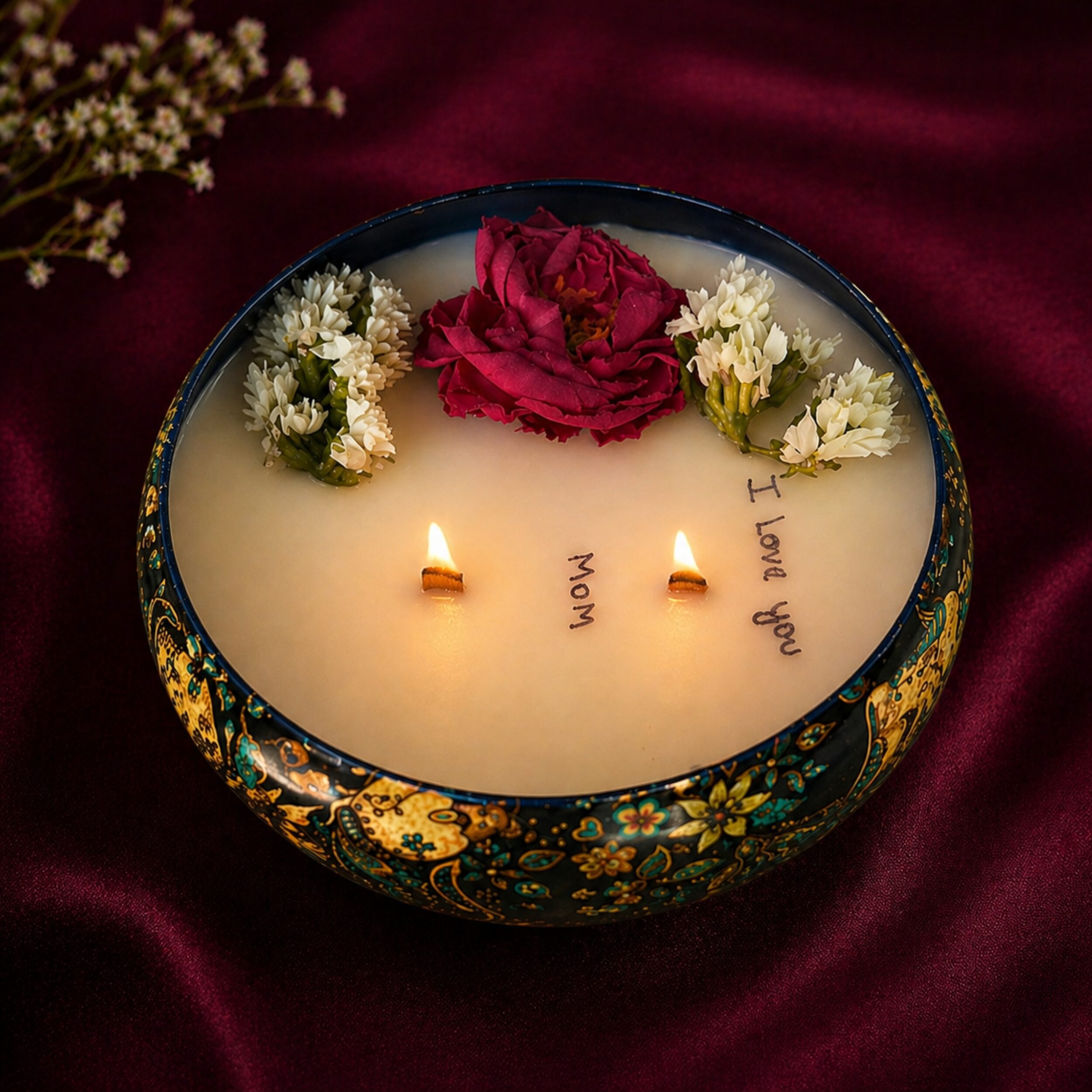 Handmade urli candle with two lit wooden wicks, floral decoration and love message for mom