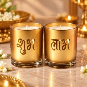 jagmugg scented jar candle with Shubh LAabh printed on it