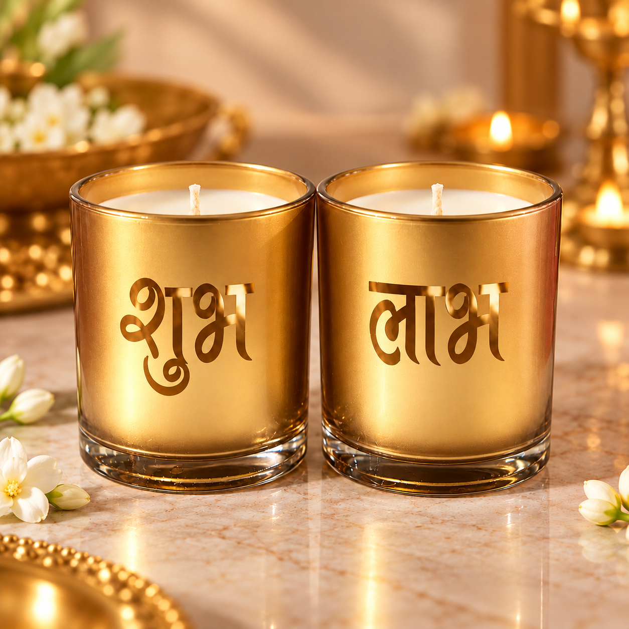 jagmugg scented jar candle with Shubh LAabh printed on it